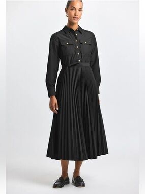 Derek Lam 10 Crosby Kenza Cotton Poly POPLIN Pleated Shirt Dress, Black, 12